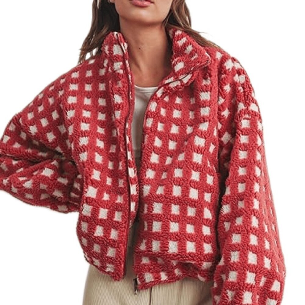 Red Casual Women's Checkered Fleece Cropped Sherpa Jacket - Picture 5 of 5